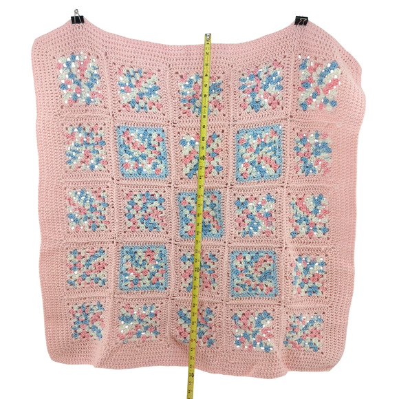 Handmade Crochet Baby Afghan Knitted Blanket Swaddle Lap Throw ~ White Blue Pink - Picture 8 of 9